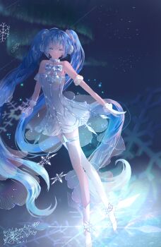 1girl absurdres ballerina ballet_slippers bare_shoulders blue_eyes blue_hair closed_mouth collarbone dress gloves gramophone_miku gramophone_miku_(frostflower) hatsune_miku headset highres ko8_kohachi long_hair miku_symphony_(vocaloid) official_alternate_costume official_alternate_hairstyle smile solo strapless strapless_dress tutu twintails vocaloid white_dress white_gloves