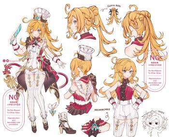 1girl absurdres adapted_costume apron aqua_eyes arm_scrunchie black_shoes blonde_hair breasts center_frills chibi chibi_inset chiori_(genshin_impact) commentary escoffier_(genshin_impact) frills genshin_impact gloves hands_on_own_hips high_heels highres holding holding_knife kagurinne knife medium_breasts multiple_views nape ponytail red_shirt shirt shoes short_shorts shorts sidelocks thighhighs untranslatable_commentary white_apron white_background white_gloves white_shorts white_thighhighs
