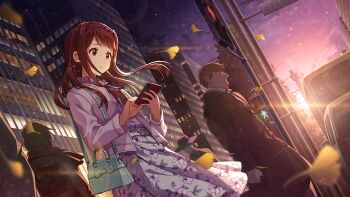 1girl bag brown_hair cellphone city commentary_request crosswalk dutch_angle falling_leaves floating_hair floral_print floral_print_skirt game_cg holding holding_phone idolmaster idolmaster_million_live! idolmaster_million_live!_theater_days jacket leaf long_hair long_skirt long_sleeves looking_at_phone looking_down official_art outdoors phone pink_jacket print_skirt red_eyes shoulder_bag skirt smartphone solo_focus standing tanaka_kotoha third-party_source
