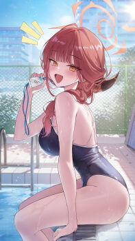 1girl :d absurdres alternate_costume aru_(blue_archive) blue_archive blue_one-piece_swimsuit breasts brown_horns chain-link_fence commentary competition_school_swimsuit criss-cross_back-straps dated_commentary day demon_girl demon_horns fence from_side halo highres horns large_breasts looking_at_viewer notice_lines okkimon one-piece_swimsuit open_mouth orange_eyes outdoors pool poolside red_hair red_halo school_swimsuit sitting smile solo swimsuit wet
