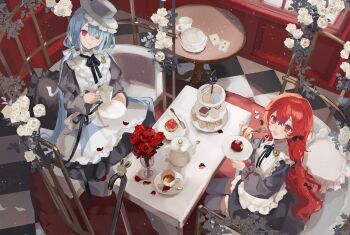 2girls :d absurdres black_bow black_dress black_hat black_ribbon blue_ribbon blunt_bangs bow brooch cake cane card carpet checkered_floor collared_dress commission couch cup double-parted_bangs dress drinking_glass eating feet_out_of_frame flower flower_brooch food fork frilled_dress frilled_shirt_collar frills from_above grey_thighhighs hair_between_eyes hair_bow hair_ribbon hat highres holding holding_cup holding_fork holding_saucer indoors jewelry lolita_fashion long_hair long_sleeves looking_up macaroni multiple_girls neck_ribbon on_couch one_eye_covered open_mouth original orizuru_26 parted_bangs parted_lips petals pillow plant plate rabbit_brooch red_carpet red_eyes red_hair ribbon rose saucer siblings sisters sitting skeb_commission smile spoon table tea teacup thighhighs tiered_tray trellis twintails two-tone_dress very_long_hair vines white_dress white_flower white_rose window