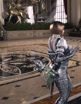 1girl 3d animated anna_williams breasts female_focus game_screenshot large_breasts laughing namco rocket_launcher short_hair solo sound statue tagme tekken tekken_8 video video_game_screencap weapon