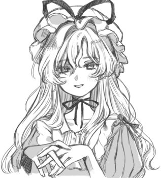 1girl commentary_request cropped_torso grey_outline greyscale hat hat_ribbon long_hair looking_at_viewer mob_cap monochrome neck_ribbon outline ribbon solo straight-on touhou white_background yakumo_yukari yujup