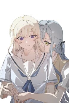 2girls @_@ artist_request bang_dream! bang_dream!_it&#039;s_mygo!!!!! blonde_hair blue_hair blue_shirt blush chinese_commentary closed_mouth commentary_request commission hanasakigawa_school_uniform haneoka_school_uniform highres holding_hands hug hug_from_behind long_hair medium_hair misumi_uika multiple_girls purple_eyes sailor_collar school_uniform second-party_source shirt short_sleeves simple_background summer_uniform sweatdrop sweater_vest togawa_sakiko two_side_up wavy_mouth white_background white_sailor_collar white_shirt yellow_eyes yellow_sweater_vest yuri