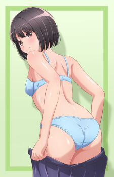 1girl akippoi_0919 ass back black_eyes black_hair blue_bra blue_panties blue_skirt bra breasts closed_mouth clothes_pull commentary crotch_seam from_behind green_background highres leaning_forward looking_at_viewer looking_back no_shirt open_clothes open_skirt original panties pleated_skirt pulling_own_clothes short_hair skirt skirt_pull small_breasts smile solo standing underwear undressing