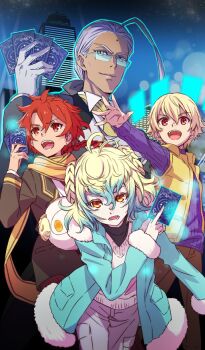 4boys age_difference ahoge alexander_(fate) androgynous apollo_(fate) aqua_outline between_fingers black_jacket black_shirt blonde_hair blue_background bow braid braided_bun brown_pants card chen_gong_(fate) child_gilgamesh_(fate) closed_mouth coat collared_shirt commentary double_bun facial_mark fate/grand_order fate_(series) forehead_mark fur-trimmed_coat fur_trim gilgamesh_(fate) glasses gloves gradient_hair green_coat grey_bow grey_pants hair_between_eyes hair_bow hair_bun hair_slicked_back holding holding_card huge_ahoge jacket long_hair long_sleeves low_ponytail male_focus matsuura_mai medium_hair multicolored_hair multiple_boys necktie official_alternate_costume official_art open_mouth orange_eyes outline outstretched_arm pants paris_(fate) paris_(god&#039;s_deal)_(fate) ponytail purple_hair purple_sweater rectangular_eyewear red_eyes red_hair scarf sheep shirt short_hair shouting single_braid smirk stuffed_animal stuffed_toy sweater third-party_source v-shaped_eyebrows vest white_gloves white_shirt white_sweater yellow_necktie yellow_scarf yellow_vest