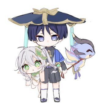 1boy 1girl arm_at_side asymmetrical_sidelocks black_bodysuit black_sandals black_shorts blue_cape blue_hat blunt_ends bodysuit bow bright_pupils cape carrying carrying_under_arm chibi closed_mouth cross-shaped_pupils double-parted_bangs dragon dress eyelashes eyeliner eyeshadow feathers full_body gem genshin_impact gold gold_trim green_dress green_eyes green_gemstone hair_between_eyes hair_intakes haru_sakura3915 hat highres holding holding_leash japanese_clothes jingasa kimono leash leg_warmers light_blush long_hair looking_at_viewer makeup mandarin_collar mini_durin_(dragon)_(genshin_impact) mini_durin_(genshin_impact) nahida_(genshin_impact) open_clothes open_kimono open_mouth pointy_ears purple_bow purple_eyes purple_hair red_eyeliner red_eyeshadow sandals scaramouche_(genshin_impact) shorts side_ponytail sidelocks sketch small_dragon symbol-shaped_pupils tareme vision_(genshin_impact) wanderer_(genshin_impact) white_background white_dress white_hair white_kimono white_leg_warmers white_pupils wispy_bangs yellow_feathers zouri