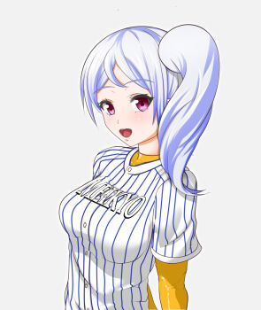 Rule 34 | 1girl, baseball uniform, commentary request, highres, jikkyou powerful pro yakyuu, looking at viewer, one side up, open mouth, orange shirt, power pro appli, purple hair, red eyes, shidou remi, shirt, shirt under shirt, solo, sportswear, striped clothes, striped shirt, teeth, upper teeth only, vertical-striped clothes, vertical-striped shirt, white background, white shirt, yamaboshi ryuu