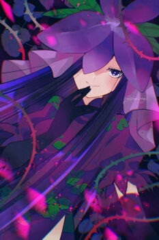 Rule 34 | 1girl, \\//, black gloves, closed mouth, commentary request, dress, flower, flower as hat, gloves, hand on own chin, hand up, highres, katsuragi atori, light blush, lobelia (flower), long hair, looking at viewer, one eye covered, plant, print dress, puffy short sleeves, puffy sleeves, purple dress, purple eyes, purple flower, purple hair, short sleeves, smile, solo, straight hair, thorns, touhou, twitter username, very long hair, vine print, vines, yomotsu hisami