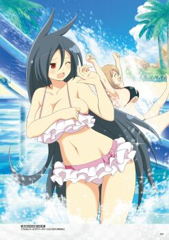 2girls adjusting_clothes adjusting_swimsuit beach black_hair bow bow_skirt breasts brown_hair cleavage collarbone happy highres karasu_(senran_kagura) large_breasts long_hair multiple_girls navel one-piece_swimsuit one_eye_closed open_mouth pink_one-piece_swimsuit red_eyes senran_kagura senran_kagura_new_wave short_hair skirt smile swimsuit tachibana_(senran_kagura) very_long_hair water_slide