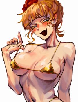 1girl beatrice_(umineko) bikini bikini_pull blonde_hair blue_eyes blush breasts clothes_pull collarbone colored_eyelashes fang fingernails flower forgo11en gold_bikini hair_flower hair_ornament long_fingernails medium_breasts open_mouth short_hair sweat sweatdrop swimsuit umineko_no_naku_koro_ni