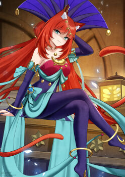 1girl absurdres animal_ears cat_ears cat_girl cat_tail commentary commission cosplay crossed_legs dancer english_commentary genshin_impact highres hydro_symbol_(genshin_impact) kemonomimi_mode lunalight_cat_dancer lunalight_cat_dancer_(cosplay) multiple_tails nassss nilou_(genshin_impact) red_hair sitting smile solo tail two_tails vision_(genshin_impact) yu-gi-oh! yu-gi-oh!_arc-v