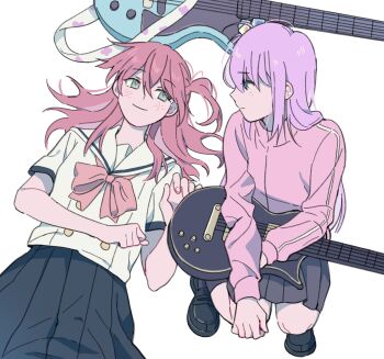 Rule 34 | 2girls, black shoes, black skirt, blue eyes, bocchi the rock!, commentary, electric guitar, eye contact, gibson les paul, gotoh hitori, green eyes, guitar, guitar strap, highres, holding, holding instrument, instrument, jacket, kita ikuyo, light blush, long hair, looking at another, lying, multiple girls, on back, pink hair, pink jacket, pleated skirt, purecyan, red hair, red ribbon, ribbon, school uniform, shoes, skirt, squatting, white background