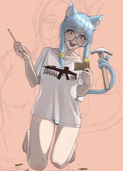 1girl absurdres animal animal_ear_fluff animal_ears bullet cat cat_ears clip_(weapon) fangs glasses hair_ornament hammer highres holding holding_paintbrush holding_with_tail original paintbrush panties prehensile_tail puto_trash red_eyes round_eyewear sidelocks tail underwear