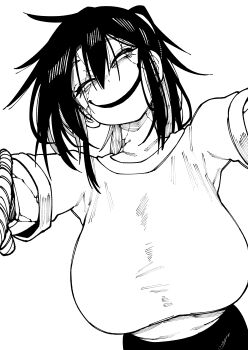 1girl above_view absurdres ayakakashi black_eyes black_hair breasts cracked_face creepy creepy_eyes creepy_smile female_focus gym_uniform highres huge_breasts karasu_raven long_hair looking_at_viewer monster monster_girl outstretched_arms ponytail pov school_uniform silent_hill silent_hill_(series) silent_hill_f smile smiley_face solo solo_focus spread_arms staring white_background