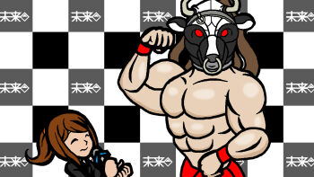 1boy 1girl asahina_aoi biceps clenched_hands closed_eyes cow_mask danganronpa_(series) danganronpa_3_(anime) face_piercing flexing great_gozu hir_(crimson-396) interview mask microphone minna_no_rhythm_tengoku muscular nose_piercing nose_ring parody piercing ponytail rhythm_tengoku smile step_and_repeat style_parody topless_male wrestler wrestling_mask wristband