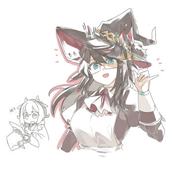 Rule 34 | 2girls, 3 ma me, apron, aqua eyes, ascot, black hair, breasts, dragon girl, dragon horns, duel monster, glasses, hair between eyes, hat, horns, house dragonmaid, laundry dragonmaid, long hair, long sleeves, looking at viewer, maid, maid apron, multiple girls, official alternate hairstyle, open mouth, puffy long sleeves, puffy sleeves, red ascot, short twintails, simple background, twintails, upper body, white apron, white background, witch hat, yu-gi-oh!