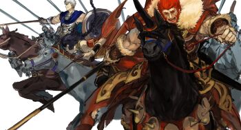 Rule 34 | 1girl, 2boys, absurdres, armor, barding, beard, black hair, braid, braided ponytail, bridle, cape, cloak, facial hair, fate/grand order, fate (series), fur-trimmed cape, fur trim, hephaestion (fate), highres, holding, holding reins, horse, horseback riding, iskandar (fate), long hair, mature male, multiple boys, muscular, muscular male, open mouth, ptolemy (fate), ptolemy (first ascension) (fate), red eyes, red hair, reins, riding, saddle, short hair, simple background, smile, white background, white hair, yorurokujuu