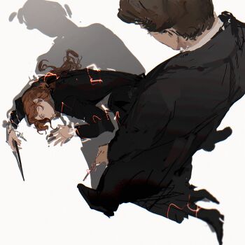 1boy 1girl black_coat black_shoes brown_hair coat from_above gynger_edventray_(hiiragimare) highres hiiragimare hogwarts_legacy hogwarts_school_uniform holding holding_wand lightning long_hair lying oc_x_canon on_ground original red_hair school_uniform sebastian_sallow shoes short_hair simple_background sketch wand white_background wizarding_world