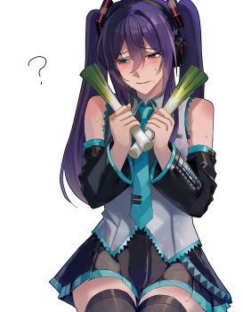 Rule 34 | 1boy, ?, alternate hairstyle, aqua necktie, ayase mayoi, black skirt, black thighhighs, blush, closed mouth, commentary, cosplay, crossdressing, crossdressing (mtf), detached sleeves, ensemble stars!, facing viewer, food, furrowed brow, grey shirt, hair between eyes, hair ornament, hatsune miku, hatsune miku (cosplay), highres, hiiragi xx, holding, holding food, holding vegetable, invisible chair, long hair, looking to the side, male focus, mole, mole under mouth, necktie, purple hair, shirt, simple background, sitting, skirt, solo, spring onion, sweat, thighhighs, twintails, vegetable, vocaloid, white background