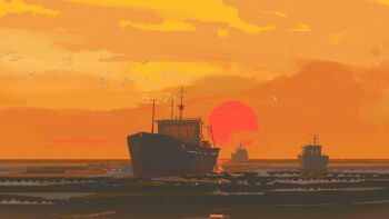 antiquewhite boat commentary evening horizon no_humans ocean orange_sky original outdoors scenery simple_bird sky sun sunset symbol-only_commentary watercraft