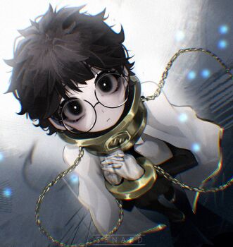 Rule 34 | 1girl, artist name, black eyes, black hair, black necktie, black pants, bound, bound wrists, bright pupils, cape, chain, chromatic aberration, collar, cuffs, cuffs-to-collar, from above, full body, glasses, gloves, gold chain, gold collar, gold trim, interlocked fingers, limbus company, long sleeves, looking at viewer, messy hair, metal collar, necktie, own hands clasped, own hands together, pants, project moon, round eyewear, senard, shackles, shirt, short hair, solo, sora (project moon), standing, white cape, white gloves, white pupils