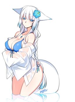 Rule 34 | 1girl, animal ears, artist name, bikini, bikini under clothes, blouse, blue bikini, blue eyes, braid, breasts, cleavage, colored tips, cropped legs, dated, female focus, flower, fox ears, fox tail, front-tie bikini top, front-tie top, frown, hair flower, hair ornament, half-closed eyes, hibiscus, hikimayu, in water, konshin, large breasts, long hair, multicolored hair, off shoulder, orie mishiro, original, reflection, see-through clothes, shiny skin, shirt, side-tie bikini bottom, signature, simple background, single braid, solo, swimsuit, tail, very long hair, white background, white hair, white shirt