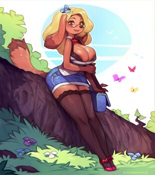 animal_ears animal_nose bag blonde_hair blue_flower blue_skirt body_fur bra bra_peek breasts brown_eyes brown_fur bug butterfly cleavage commentary cyancapsule denim denim_skirt dog_ears dog_girl dog_tail english_commentary fingernails flower full_body furry furry_female glasses hair_flower hair_ornament hand_on_own_arm highres insect large_breasts long_hair maple_(cyancapsule) miniskirt original outdoors parted_lips red_shoes semi-rimless_eyewear sharp_fingernails shirt shoes skirt sleeveless sleeveless_shirt smile snout tail thighhighs under-rim_eyewear underwear
