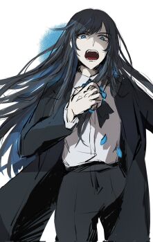 1girl ado_(utaite) black_coat black_hair black_pants blue_eyes blue_hair chando_(ado) coat colored_inner_hair commentary_request corrupted_twitter_file cowboy_shot dress_shirt falling_petals fangs highres kkeraku long_hair multicolored_hair open_clothes open_coat open_mouth pants petals shirt sidelocks simple_background solo teeth utaite white_background white_shirt