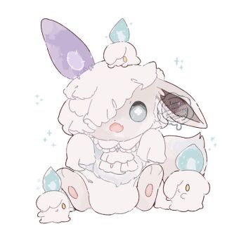 alternate_color clothed_pokemon commentary_request costume eevee gen_1_pokemon gen_5_pokemon green_eyes litwick looking_at_viewer mkt_(buizu-miki) nintendo no_humans open_mouth pokemon pokemon_(creature) pokemon_focus shiny_pokemon simple_background sitting twitter_username white_background yellow_eyes