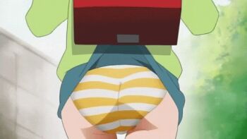 1girl animated animated_gif anime_screenshot ass backpack bag brick_wall bush chitose_get_you!! clothes_lift from_behind green_skirt green_sweater loli long_sleeves lower_body misaki_(chitose_get_you!!) panties shoes skirt skirt_lift sky striped_clothes striped_panties sweater underwear uwabaki walking white_shoes yellow_panties