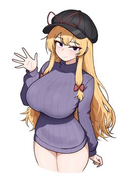 1girl black_hat blonde_hair breasts closed_mouth cocktiel77 cropped_legs crossed_bangs dress hat huge_breasts long_hair long_sleeves microdress newsboy_cap purple_eyes purple_sweater ribbed_sweater sidelocks solo sweater sweater_dress touhou turtleneck turtleneck_sweater very_long_hair waving yakumo_yukari