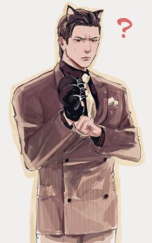 Rule 34 | 1boy, ahoge, animal ears, animal hands, black shirt, brown hair, cat ears, comically serious, commentary request, confused, formal clothes, frown, gloves, hair slicked back, highres, male focus, mine yoshitaka, necktie, paw gloves, pinstripe pattern, pinstripe suit, red suit, ryuu ga gotoku (series), ryuu ga gotoku 3, shirt, single glove, single paw glove, solo, standing, suit, sweatdrop, tyag53, upper body, yellow necktie