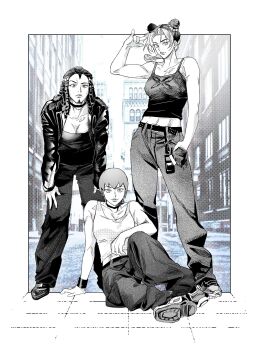 3girls alternate_costume artist_request bent_over braid braided_ponytail breasts bun_with_braided_base camisole choker cleavage commentary_request commission double_bun dreadlocks ermes_costello foo_fighters_(jojo) forehead_tattoo frown greyscale_with_colored_background hair_bun hand_in_pocket hands_on_own_legs highres jacket jojo_no_kimyou_na_bouken korean_commentary kuujou_jolyne medium_breasts midriff multicolored_hair multiple_girls navel photo_background raised_eyebrow second-party_source short_hair smile stone_ocean tank_top tattoo two-tone_hair walkie-talkie wristband
