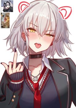 Rule 34 | 0nineo9, 1girl, absurdres, animal ears, black choker, blush, cat ears, choker, fate/grand order, fate (series), fur trim, grey hair, hair between eyes, highres, id (fate/grand order), jacket, jeanne d'arc alter (fate), jewelry, long sleeves, looking at viewer, middle finger, nail polish, necklace, necktie, official alternate costume, pseudo-tokyo school uniform, red necktie, school uniform, screenshot inset, short hair, solo, tongue, tongue out, white hair, yellow eyes