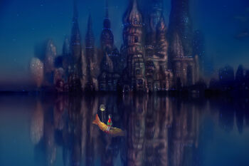 Rule 34 | 1girl, black hair, blue sky, castle, commentary request, dress, food, full body, lamppost, minaret, nuq, ocean, original, outdoors, red dress, reflection, reflective liquid, scenery, short hair, shrimp, shrimp tempura, sky, solo, star (sky), starry sky, tempura, water