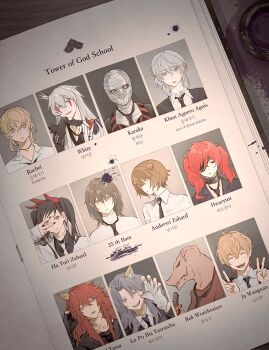 4girls 6+boys androssi_zahard animal_ears armor baylord_yama black_choker black_gloves black_necktie black_robe black_sclera blonde_hair blue_eyes blue_hair candy cat_ears chocolate chocolate_bar choker claws closed_eyes collar colored_sclera crown dog_ears eating english_text expressionless eye_print eyepatch facepaint facial_mark fingerless_gloves food freckles fur-trimmed_jacket fur_trim gloves ha_yuri_zahard hair_ornament hairband hairclip hidrogenxxxng highres hoaqin horns hwa_ryun ink ja_wangnan jacket jewelry karaka khun_aguero_agnis korean_text lizardman lo_po_bia_yasratcha long_hair mini_crown mole mole_under_eye multiple_boys multiple_girls necktie original parted_lips photo_album ponytail portrait rachel_(tower_of_god) rak_wraithraiser red_eyes red_hair red_nails red_ribbon ribbon ring robe shirt single_horn smile teeth tower_of_god twenty-fifth_bam twintails upper_teeth_only v white_(tower_of_god) white_eyes white_gloves white_hair white_jacket white_necktie white_shirt yellow_eyes