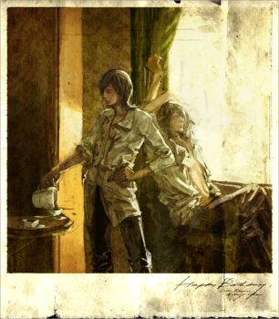 2boys allelujah_haptism brown_hair casual coffee coffee_pot dress_shirt dual_persona green_hair gundam gundam_00 hair_over_one_eye hallelujah_haptism happy_birthday male_focus multiple_boys open_clothes open_shirt photo_(object) pouring shirt xiling