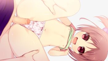 1boy 1girl :d aoi_aruma clenched_hand clothes_lift clueless cowboy_shot fang flat_chest game_cg grey_background hand_up holding_another&#039;s_thighs jissai_no_tokoro kumura_hibari_(jissai_no_tokoro) loli lying navel nipples on_back open_mouth panties penis pink_eyes pink_hair pink_panties pov pov_crotch purple_shirt shirt shirt_lift short_hair short_sleeves sidelocks simple_background smile standing t-shirt third-party_source twintails underwear variant_set