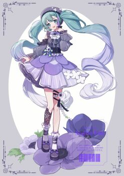 Rule 34 | 1girl, :d, alternate costume, aqua eyes, aqua hair, bare shoulders, beret, black shoes, classic lolita, cute x subculture hatsune miku design contest, detached sleeves, fashion, flower, frilled shirt, frills, full body, gradient hair, hashtag-only commentary, hat, hatsune miku, highres, lolita fashion, long hair, long sleeves, multicolored hair, nagitofuu, open mouth, purple flower, purple hair, purple hat, purple shirt, purple skirt, purple theme, shirt, shoes, skirt, smile, socks, solo, standing, twintails, very long hair, vocaloid, watermark, white socks