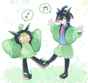 Rule 34 | 1boy, :d, \o/, arms up, black hair, black hairband, blueberry academy school uniform, cloak, colored inner hair, commentary request, cosplay, cropped, crossed bangs, fake horns, full body, green cloak, hair between eyes, hairband, highres, horn hairband, horns, kieran (pokemon), kiri8211, male focus, mole, mole on neck, multicolored hair, musical note, nintendo, ogerpon, ogerpon (cosplay), open mouth, outstretched arms, outstretched leg, pokemon, pokemon (creature), pokemon sv, puffy shorts, purple hair, school uniform, shoes, short hair, shorts, simple background, smile, spoken musical note, spread arms, standing, standing on one leg, star-shaped pupils, star (symbol), symbol-shaped pupils, two-tone hair, yellow eyes