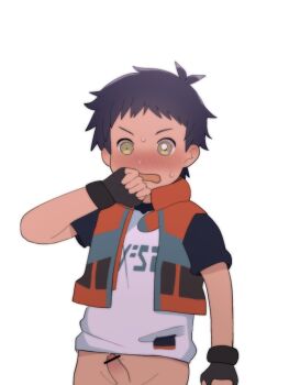 1boy aba_oji blush fingerless_gloves gloves male_focus penis purple_hair shota solo sweat vest white_background