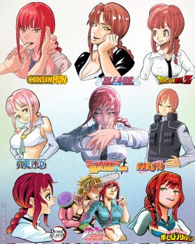 1boy 1girl a2t_will_draw araki_hirohiko_(style) biting biting_another's_hand biting_hand bleach blonde_hair boku_no_hero_academia braid braided_ponytail breasts capelet chainsaw chainsaw_man collared_shirt commentary copyright_name crop_top denji_(chainsaw_man) detached_sleeves dragon_ball dragonball_z english_commentary english_text flak_jacket fujimoto_tatsuki_(style) glowing glowing_eyes gotouge_koyoharu_(style) gradient_background hetero highres horikoshi_kouhei_(style) jacket jewelry jojo_no_kimyou_na_bouken kimetsu_no_yaiba kishimoto_masashi_(style) kubo_tite_(style) large_breasts licking logo long_hair looking_at_viewer makima_(chainsaw_man) midriff multiple_style_parody muscular muscular_male naruto_(classic) naruto_(series) navel necklace necktie oda_eiichirou_(style) one_piece parody pectorals ponytail pov pov_hands red_hair ringed_eyes shirt stand_(jojo) style_parody tongue tongue_out toriyama_akira_(style) twitter_username yellow_eyes