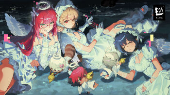 3girls absurdres alice_thymefield animal_ears belle_(zenless_zone_zero) blonde_hair braid breasts chibi cleavage green_eyes hair_ornament heterochromia highres kamanosuke_(zenless_zone_zero) komano_manato long_hair multiple_girls official_alternate_costume official_art orange_eyes red_eyes red_hair smile sphere_hair_ornament twintails ukinami_yuzuha wise_(zenless_zone_zero) zenless_zone_zero