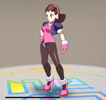 1girl 3d animated ass breasts brown_hair crotch_plate dress earrings gloves green_eyes hair_slicked_back hairband high_heels jacket jewelry leotard mega_man_(series) mega_man_legends_(series) microskirt one_two_punch open_clothes open_jacket pink_dress pink_gloves pink_hairband skirt skull_earrings solo tagme thighs thong thong_leotard tron_bonne_(mega_man) video