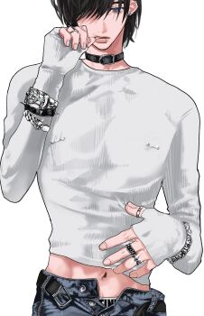 1boy absurdres belt belt_collar black_belt black_collar black_hair bob_cut bracelet chain chain_bracelet collar cowboy_shot cross cross_earrings curled_fingers denim earrings face_piercing fashion film_grain finger_to_mouth glint hair_over_one_eye hand_on_own_stomach highres jeans jewelry lip_piercing looking_at_viewer male_focus male_underwear male_underwear_peek midriff multiple_bracelets multiple_rings navel nipple_bar nipple_piercing open_belt open_fly open_hand original ornate_ring pafujojo pants piercing ring shirt silver_bracelet silver_earrings silver_piercing silver_ring simple_background sleeves_past_wrists solo spiked_bracelet spikes stud_earrings teeth tight_clothes tight_shirt underwear veiny_face white_background white_male_underwear white_shirt