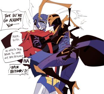 1girl autobot blackarachnia blue_eyes breasts ddaroll decepticon english_text holding_another&#039;s_wrist korean_commentary mecha mecha_focus medium_breasts optimus_prime parted_lips red_eyes robot science_fiction simple_background speech_bubble transformers transformers_animated white_background