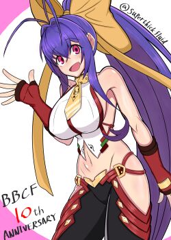 1girl absurdres antenna_hair backless_outfit bare_shoulders blazblue blazblue:_central_fiction blue_hair bow breasts cowboy_shot fingerless_gloves gloves hair_between_eyes hair_bow halterneck highres large_breasts long_hair looking_at_viewer lowleg lowleg_pants mai_natsume navel no_bra no_nose open_mouth pants ponytail purple_eyes red_gloves revealing_clothes ribbon sideboob sidelocks smile solo square-w very_long_hair yellow_bow