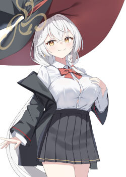 1girl blue_archive bow bowtie breasts brown_halo button_gap diagonal-striped_bow diagonal-striped_bowtie diagonal-striped_clothes eri_(blue_archive) halo hat highres large_breasts large_hat side_halo simple_background smile sob_(submar1089) solo striped_bow striped_bowtie striped_clothes tilted_halo two-sided_fabric two-sided_headwear white_background witch_hat