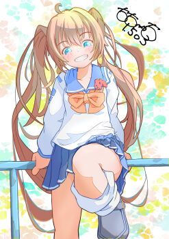 1girl absurdres ahoge arm_support artist_name blonde_hair blue_eyes blue_sailor_collar blue_shoes blue_skirt blush bow bowtie commentary dot_nose double-parted_bangs earrings feet_out_of_frame grin hair_between_eyes head_tilt highres jewelry kneehighs long_hair looking_at_viewer on_railing open_mouth orange_bow orange_bowtie original pleated_skirt railing sailor_collar school_uniform serafuku shirt shoes signature simple_background sitting skirt sleeves_past_wrists smile socks solo thighs totomoto twintails white_shirt